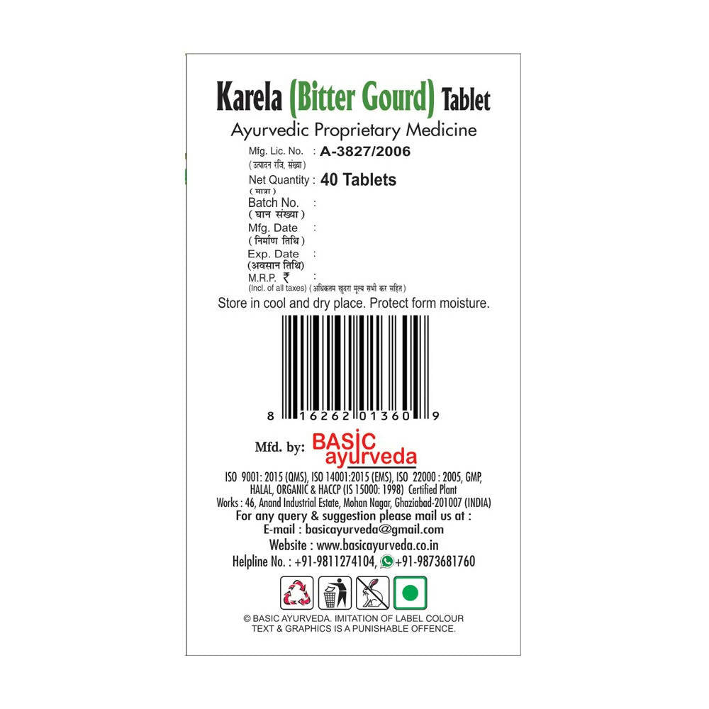 Basic Ayurveda Karela Bitter Gourd Tablet - 40 Tablets image 3