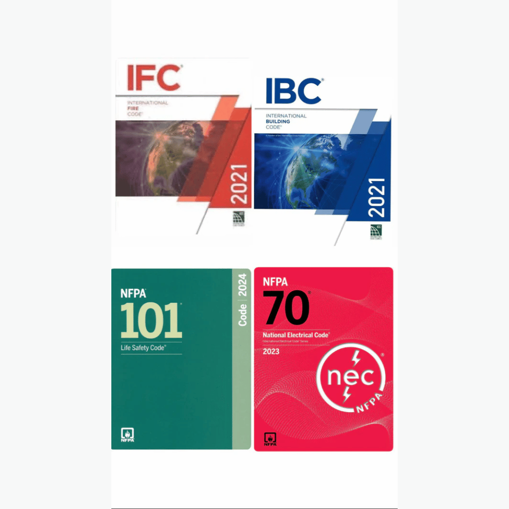 Book cover of Building & Fire Code Essentials Bundle – IBC 2021, NEC 2023 & More