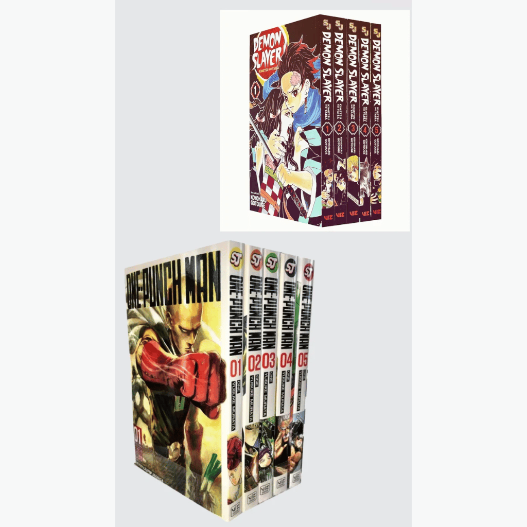 Book cover of Action Hit Manga Bundle – Demon Slayer & One-Punch Man Vol 1-5 💥