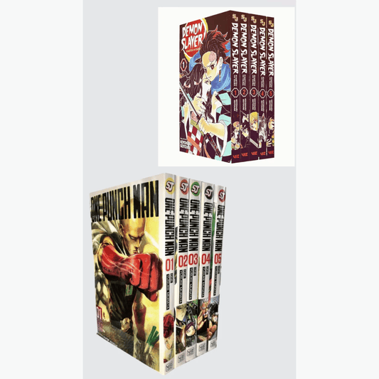 Book cover of Action Hit Manga Bundle – Demon Slayer & One-Punch Man Vol 1-5 💥