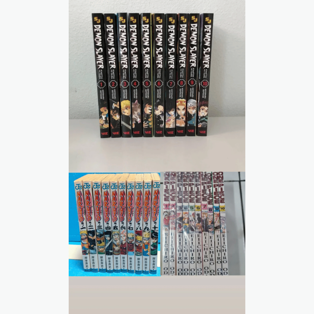 Book cover of Demon Slayer, Naruto & One Piece Vol 1–10 Set + Free Poster