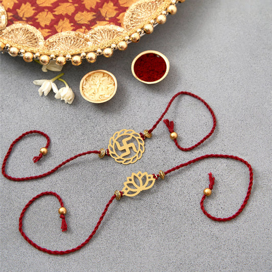 Brass Swastik & Lotus Design Rakhi Cum Keychain Cum Bookmark | Set of 2 image 1