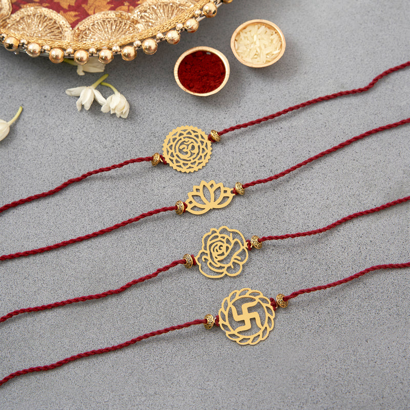 Brass Om, Lotus, Rose & Swastik Rakhi Cum Keychain Cum Bookmark | Set of 4 image 1