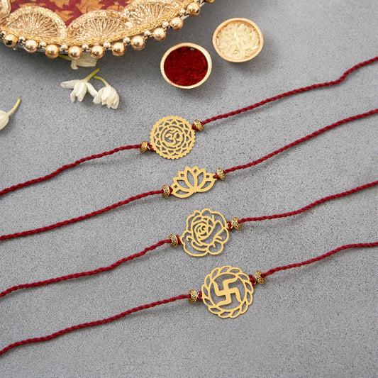 Brass Om, Lotus, Rose & Swastik Rakhi Cum Keychain Cum Bookmark | Set of 4 image 1