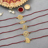 Brass Om, Lotus, Rose, Swastik & Peacock Rakhi Cum Keychain Cum Bookmark | Set of 5 image 1