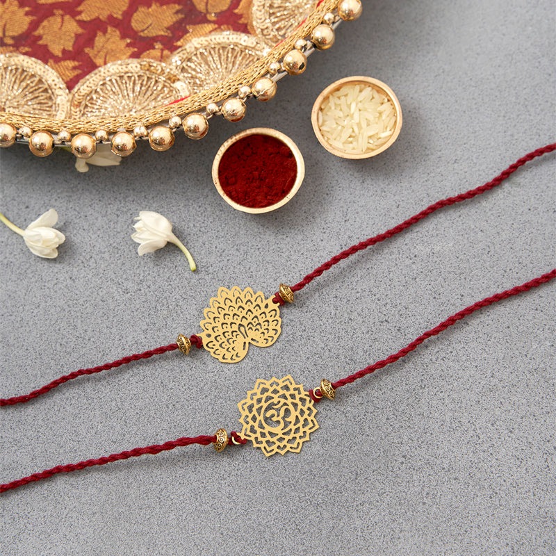 Brass Peacock and Om Design Rakhi Cum Keychain Cum Bookmark | Set of 2 image 1