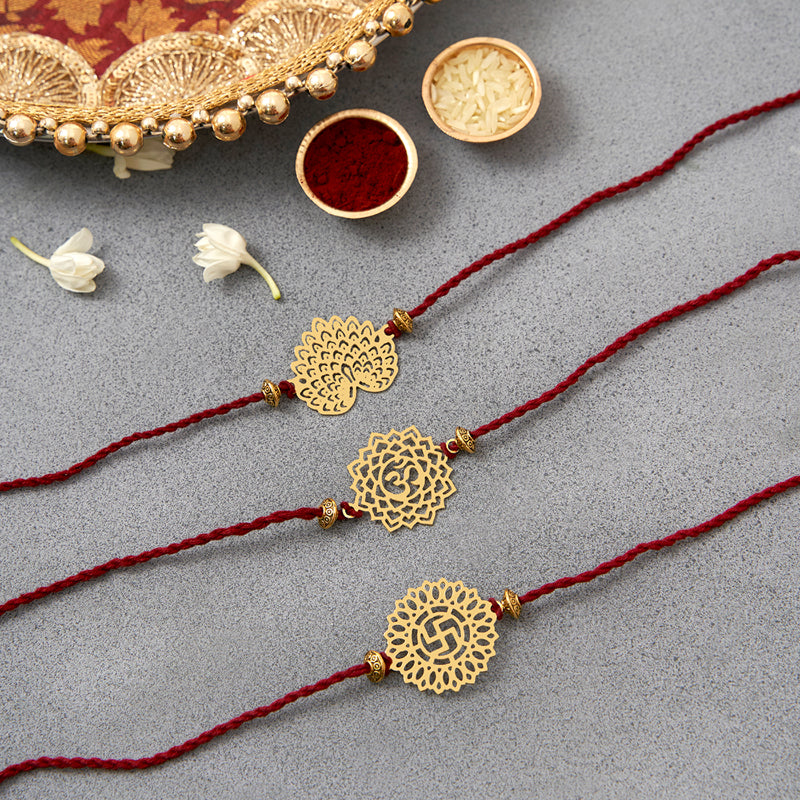Brass Peacock, Om & Swastik Rakhi Cum Keychain Cum Bookmark | Set of 3 image 1
