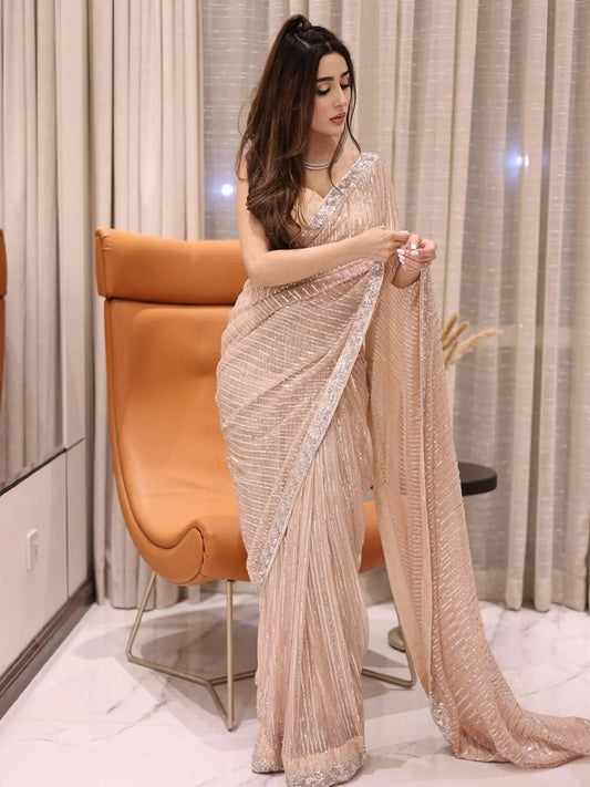 Peach Georgette Embroidery Sequence Saree image 1