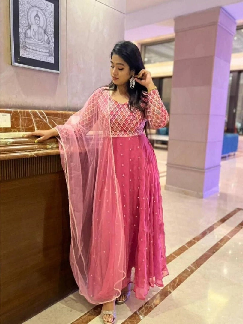 Women's Georgette Anarkali Suit With Dupatta Set Party Wear Dress SR image 1