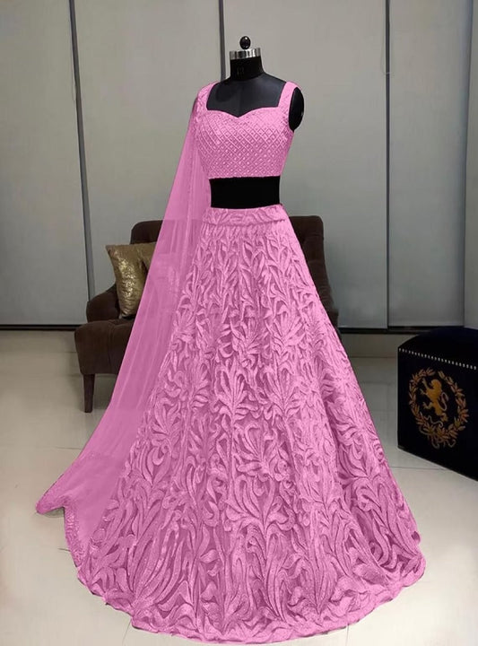 Light Pink Net Embroidery Work Lengha Choli Designer Bridal Wear Lehenga Blouse Dupatta MA image 1