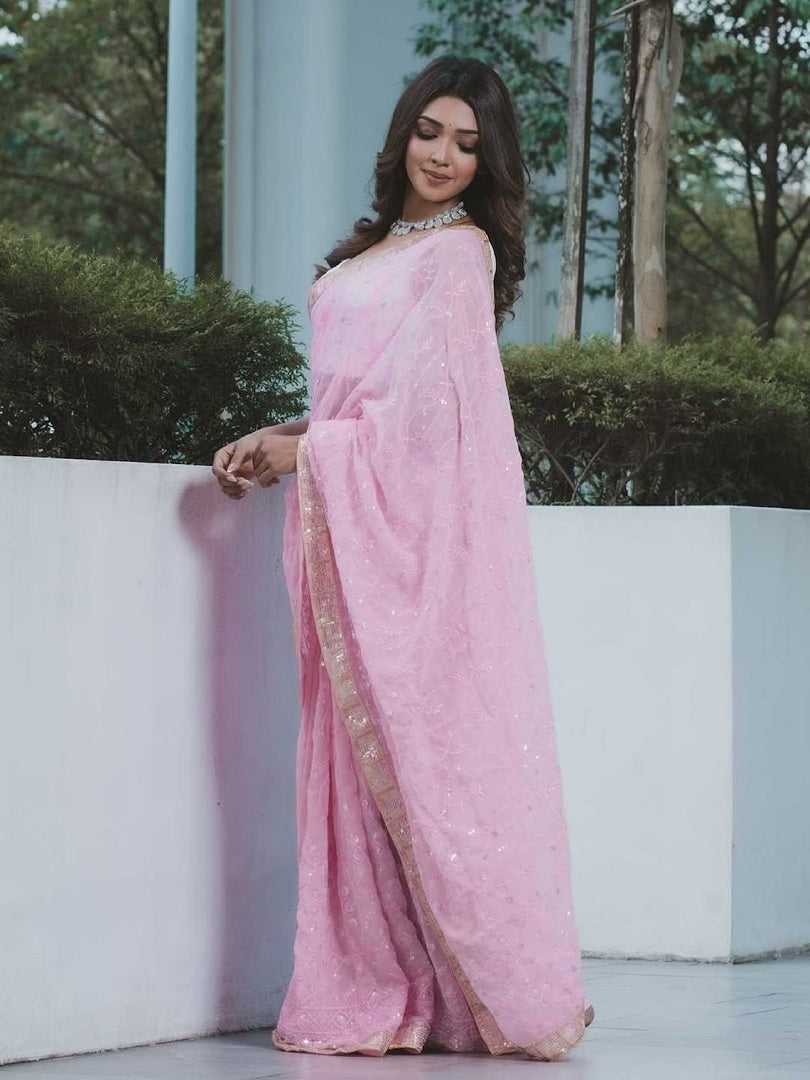 Pink Georgette Embroidery Sequence Work Saree image 1