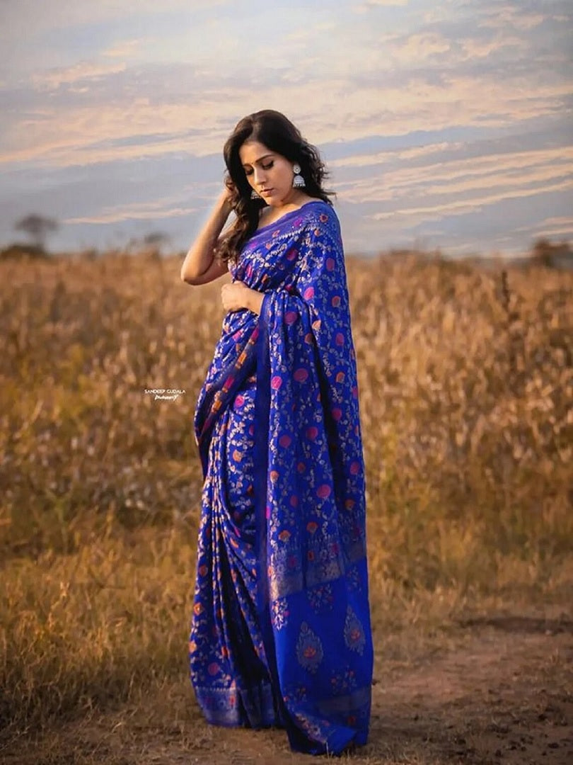 Women Lichi Silk Saree With Unstitched Blouse Wedding Wear Banarasi Sari VV image 1