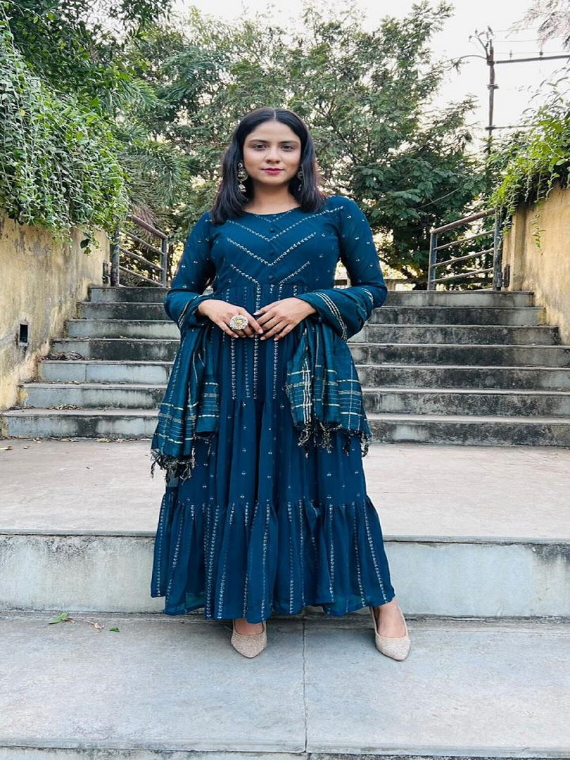 Women Georgette Stitched Gown Kurti With Attached Dupatta 13-SR2 image 1