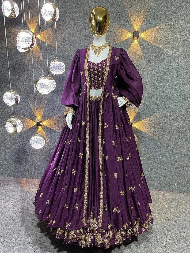 Eggplant Chinon Sequence Embroidered Lehenga Choli With Koti Set image 2