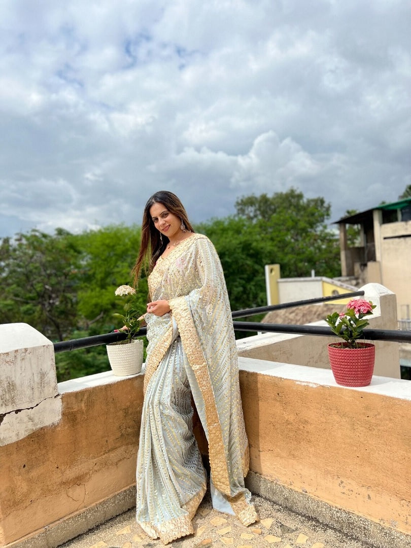 Sky Blue Georgette Embroidery Sequence Work Saree image 2