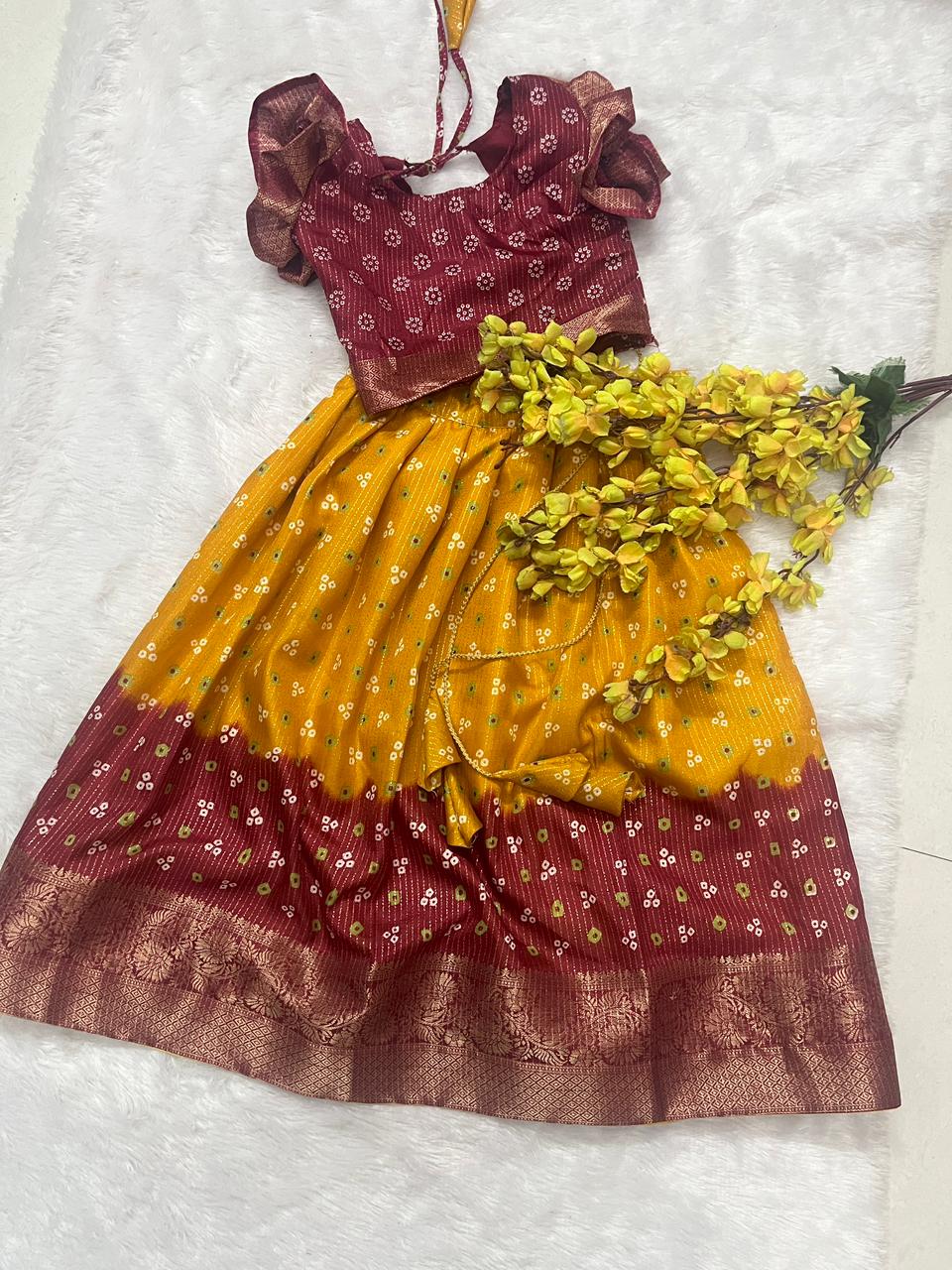 Girls & Kids Heavy Pure Dola Silk With Jacquard Border Lehenga & Blouse image 3