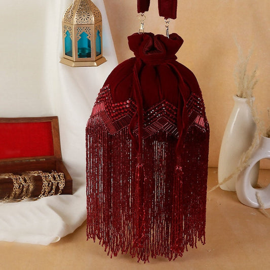 Designer Maroon Tassel Potli Bag image 1