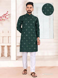 Dark Green Cotton Mirror Embroidery Casual Men's Kurta With Pajama image 1