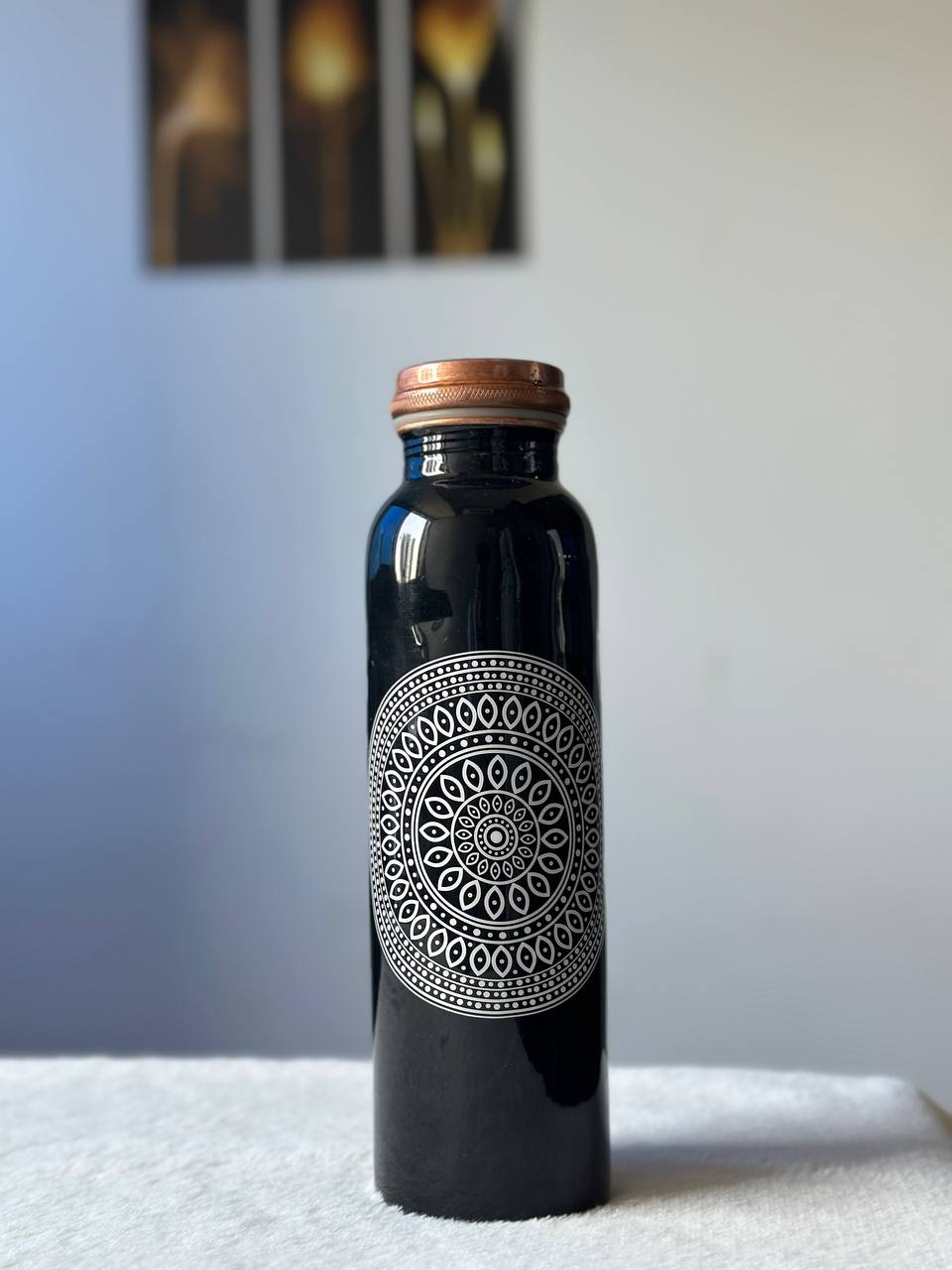 Black White Charkra Copper Water Bottle - 1 Ltr image 1