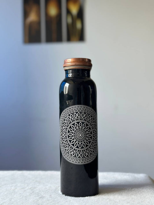 Black White Charkra Copper Water Bottle - 1 Ltr image 1