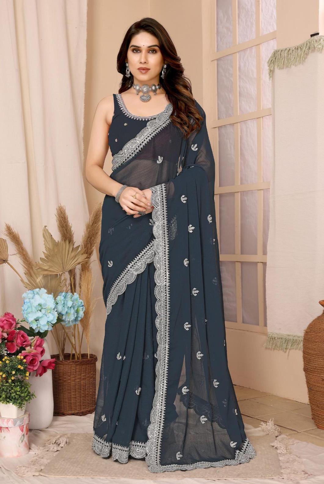 NavyBlue Ethnic Traditional Party Zomato Chiffon Silk Saree Women image 1